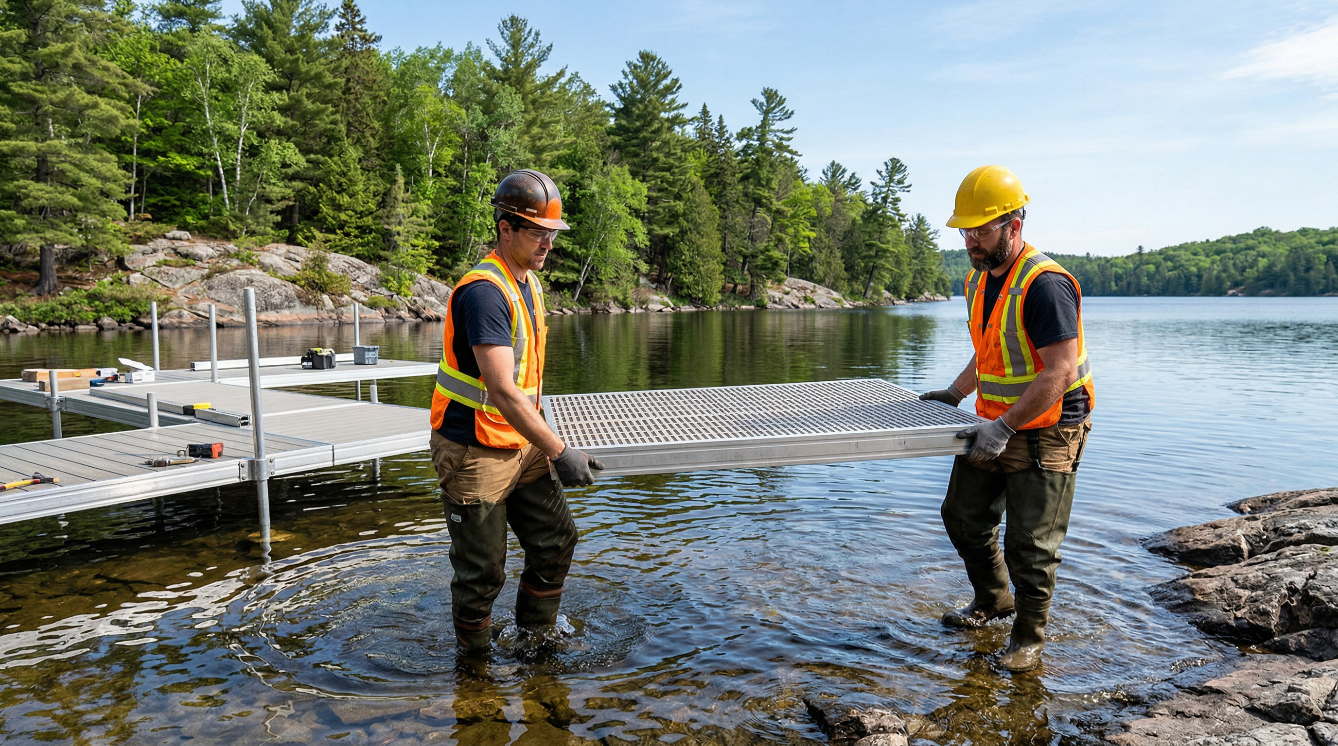 Professional dock installation crew placing aluminum dock sections on a Muskoka lake